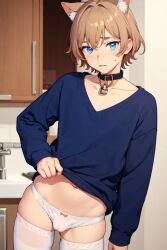 ai_generated blue_eyes cat_collar cat_ears cat_femboy cat_tail cute cute_male femboy freckles light_brown_hair short_hair sweatshirt thong white_thigh_socks