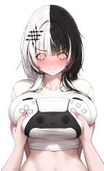 1girls black_hair breast_grab breasts controller_shirt embarrassed female hololive hololive_english hololive_english_-advent- huge_breasts large_breasts light-skinned_female light_skin long_hair pov prab ps5_controller shiori_novella simple_background t-shirt two_tone_hair virtual_youtuber white_hair