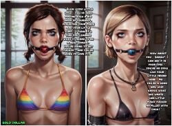 2d 2girls ai_generated ball_gag bikini blonde_hair brown_hair cameltoe caption ellie_(the_last_of_us) ellie_williams english_text eyebrow_cut eyebrow_slits female freckles gagged gagged_female gold_dollar green_eyes half_updo leash lesbian light-skinned_female light_skin looking_at_viewer naughty_dog orientation_play pale-skinned_female pale_skin petite ponytail pride_color_clothing pride_colors runny_makeup sarah_miller sex_toy skinny small_breasts swimsuit swimwear teen teenager text the_last_of_us tied_hair tomboy torn_shirt young younger_female