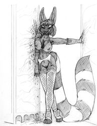 anthro black_and_white breasts cacomistle female licking licking_lips lingerie looking_at_viewer macro monochrome pussy sketch skimpy tongue translucent wolfkidd