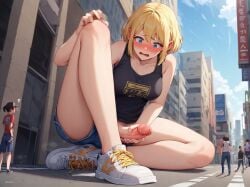 1futa ai_generated big_penis blonde_hair blush city crowd crowd_watching embarrassed erect_penis erection futa_focus futa_giantess futanari giant_cock giantess group holding_penis huge_cock masturbating masturbation micro shoes short_hair shorts sitting size_difference sneakers solo_focus spalela tank_top