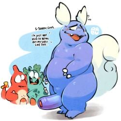 anthro belly blue_body blush charmeleon embarrassed erection foreskin generation_1_pokemon genitals group hi_res ivysaur male male/male nintendo nude overweight penis pokemon pokemon_(species) raburigaron smile trio wartortle