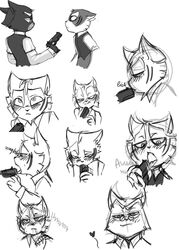 <3 2boys anthro anthro_only aroused blush cat cat_ears clothed drooling felid feline freckle_mcmurray fur furry glasses gun gunplay holding_object improper_handing_of_a_firearm lackadaisy licking licking_lips looking_down looking_up male male/male male_only monochrome mordecai_heller multiple_males no_humans saliva simple_background sketch smile sucking sweat tongue tongue_out weapon webcomic white_background yaoi