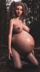 1girls 3d belly big_belly big_breasts breasts dirt dirty female forest freckles nipples on_knees outdoors outie_navel preggmaster pregnant ready_to_pop solo twintails