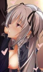 1boy absurdres aroused black_ribbon blush breasts breasts_out collared_shirt cum cum_in_mouth dracu-riot! elena_olegovna_owen fellatio female from_side grey_hair hair_between_eyes hair_ribbon heart heart-shaped_pupils highres long_hair looking_at_another looking_up makochan42 medium_breasts motion_lines nipples no_bra official_alternate_costume official_alternate_hairstyle open_clothes open_shirt oral penis plaid_clothes plaid_shirt profile raised_eyebrows red_eyes ribbon saliva sanpaku shirt sideboob simple_background solo_focus sound_effects straight symbol-shaped_pupils tsurime twintails twitching_penis uncensored upper_body veins veiny_penis