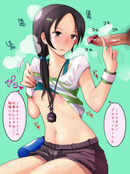 1boy 1girls areolae black_eyes black_hair blue_eyes blush bra bra_lift breasts breath brown_hair censored duo erection eyelashes faceless_male female flat_chest green_background hair_ornament hairclip handjob heart heavy_breathing human idolmaster idolmaster_cinderella_girls kneeling lingerie long_hair male male_pubic_hair midriff nakasone_haiji navel nipples open_mouth penis penis_awe ponytail pubic_hair rookie_trainer shirt shirt_lift shorts small_breasts solo_focus sports_bra squirt_bottle stopwatch straight sweat text tied_hair trainer_(idolmaster) translated translation_request underwear v veins veiny_penis watch wristband