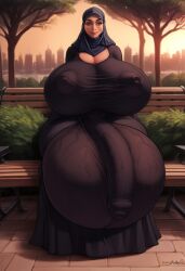 ai_generated arabian arabian_female black_clothing bulge_under_clothes futa_only futanari gigantic_testicles hijab huge_breasts hyper hyper_balls hyper_breasts hyper_genitalia hyper_penis outdoors park park_bench silenteye sitting_on_bench smiling tanned_skin