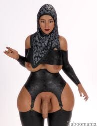 3d breasts_out cock_out futa_only futanari hadiya hijab hung_futanari leather_clothing taboomania tagme tan-skinned_futanari tan_skin thick_thighs