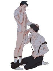 2boys ahoge balls bite_mark black_hair black_pants brown_eyes closed_eyes clothed_male_nude_male color covering_mouth dai_gyakuten_saiban dress_shirt drooling erection fellatio full-face_blush fully_clothed functionally_nude gyakuten_saiban hand_on_another's_head heart higher_resolution_duplicate holding_penis kazuma_asogi kneeling licking_penis lighting looking_at_partner looking_pleasured male_nipples male_pubic_hair masturbating_during_fellatio masturbation motion_lines nipples open_clothes open_shirt pants_down partially_clothed penis penis_grab precum precum_on_penis pubic_hair romantic romantic_couple ryunosuke_naruhodo short_hair ssweatdrop standing suspenders the_great_ace_attorney trembling unbuttoned unbuttoned_shirt veiny_penis visible_breath white_background white_shirt wholesome yaoi yeng_ting