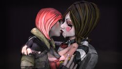 2girls 3d borderlands brown_hair choker closed_eyes devanthia female fingerless_gloves kissing lilith_(borderlands) mad_moxxi multiple_girls nail_polish red_hair source_filmmaker yuri