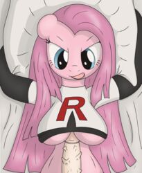 1girls anthro bed big_breasts blue_eyes breasts clothing cosplay crossover equine female friendship_is_magic hair horse human jessie_(pokemon)_(cosplay) long_hair male my_little_pony paizuri paizuri_under_clothes penis pillow pink_hair pinkamena_(mlp) pinkie_pie_(mlp) pokemon pony straight straight_hair team_rocket team_rocket_(cosplay) team_rocket_uniform tg-0 underboob uniform