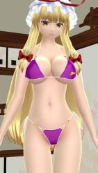 1girls 2023 3d belly_button bikini blonde_hair_female breasts clavicle cleavage hati_yukkuri_mmd hips indoors interior_background light-skinned_female long_hair_female looking_at_viewer midriff mmd mob_cap open_mouth purple_bikini red_bowtie red_ribbon solo_female solo_focus swimsuit tied_hair touhou waist yellow_eyes youkai yukari_yakumo