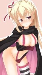 :/ amairo_islenauts arm_under_breasts ayachi_nene ayachi_nene_(cosplay) belt belt_bra black_cape blonde_hair blush braid breasts brown_eyes cape capelet clip_studio_paint_(medium) closed_mouth commentary_request company_connection cosplay cowboy_shot crown_braid eyes_visible_through_hair female flower frown groin hair_between_eyes hair_flower hair_ornament hair_over_shoulder hair_ribbon highres jitome large_breasts light_brown_background long_hair long_sleeves looking_at_viewer makochan42 navel no_pants nose_blush one_side_up pink_belt pink_capelet pink_flower ribbon sanoba_witch sanpaku shirley_warwick shy simple_background single_thighhigh skindentation solo striped_clothes striped_thighhighs thighhighs two-sided_cape two-sided_fabric wide_sleeves yuzu-soft