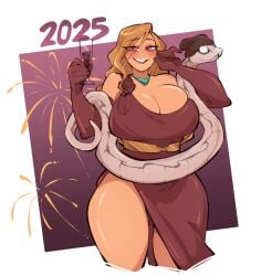 1girls 2d blonde_hair blush breasts_bigger_than_head chinese_clothes cleavage digital_drawing_(artwork) digital_media_(artwork) dress fully_clothed large_breasts large_thighs long_hair looking_at_viewer new_year purple_eyes saucymojo simple_background snake tatiana_arkwright_(saucymojo) thick_thighs