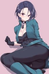 1girls ass big_breasts black_hair cleavage fire_emblem fire_emblem:_three_houses jinoensabu looking_at_viewer medium_breasts nintendo purple_eyes shamir_nevrand short_hair thighs tight_clothing