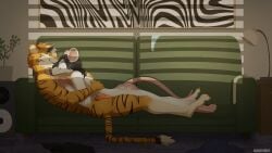 after_sex aftercare albino anthro big_butt bodily_fluids butt cuddling cum dripping duo eyes_closed felid femboy fur furniture genital_fluids genitals hair half-erect hi_res hug humanoid_genitalia koda_kins_(koda-kins) light lying male male/male mammal murid murine naughty_borzoi nude pantherine penis pink_body pink_fur precum precum_drip rat rodent smile sofa sunlight tail tiger vel_valentine_(strawberrycrux) white_body white_fur