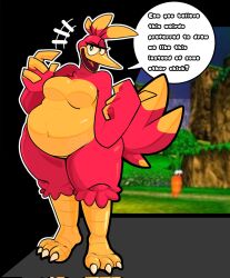 anthro background banjo-kazooie belly big_ass big_breasts bird chubby_female completely_nude completely_nude_female green_eyes kazooie naked nintendo rareware red_body standing text_bubble wide_hips