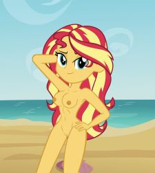 accurate_art_style areolae arm_behind_head bare_shoulders beach belly_button breasts completely_nude equestria_girls female hand_on_hip hasbro looking_at_viewer my_little_pony nipples nudity pose sexy_pose smiling_at_viewer solo_female sunset_shimmer vagina vulva