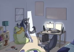 2boys anal anal_sex aogami barefoot bed blue_eyes caught chair clothing computer computer_mouse desk erection eyeswear from_behind gay glasses keyboard lamp male male/male male_only monitor paws penetration penis pillow psp sex speakers webcam window yaoi yellow_eyes