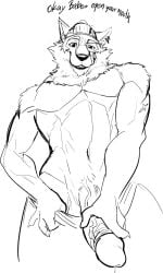 1boy anthro belly_button black_and_white bottom_view claws fortnite fur furry genitals holding_penis licking_lips looking_at_viewer male male_focus male_only mammal monochrome pecs penis precum pulling_underwear showing_penis sketch tongue uncut underwear veiny_penis viewed_from_below wendell_(fortnite) wolf