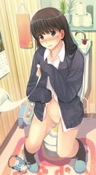 amagami ayatsuji_tsukasa bidet black_eyes black_hair black_legwear blush calendar_(object) cardigan dress_shirt full_body highres jacket kneehighs kon_(keisukesanta) long_hair no_pants open_cardigan panties panties_removed peeing plaid plaid_panties pussy santa_(sunflower) shirt sitting slippers solo tear toilet toilet_paper toilet_use underwear washlet young