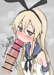 1boy ame_(amechan17391739) animal_ears blonde_hair blush brown_eyes buttons censored double-breasted fellatio female grey_background hair_between_eyes kantai_collection large_penis long_hair oral penis rabbit_ears school_uniform serafuku shimakaze_(kantai_collection) simple_background steam steaming_body straight sweat veins veiny_penis