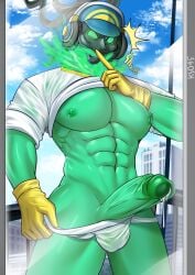 abs bara biceps big_penis bulge clothing cum erection ghost green_body green_skin janitor_thresh jockstrap ks045 league_of_legends male male_nipples male_only manly muscular_male nipples pecs penis riot_games skull the_grind_series thresh underwear