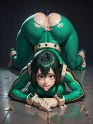 1girls ai_generated all_fours alternate_version_available ass ass_up big_breasts boku_no_hero_academia breasts face_down_ass_up green_eyes green_hair hi_res long_hair looking_at_viewer my_hero_academia no_panties solo superhero_costume tongue_out tsuyu_asui xrp7788