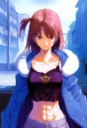 1girls 2000s_(style) abs ai_generated athletic_female background big_breasts blue_clothing breasts brown_eyes brown_hair clothed clothing coat crop_top day eyebrows_visible_through_hair fit fit_female front_view fur_trim hi_res highres huge_breasts izacru0 light-skinned_female light_skin looking_annoyed looking_at_viewer medium_hair muscular muscular_female navel nipple_bulge nipples nipples_visible_through_clothing no_bra one_side_up open_clothes original original_character outdoors outside pants purple_tank_top serious short_hair solo solo_female solo_focus standing stomach straight-on symbol tank_top thin_waist very_high_resolution winter