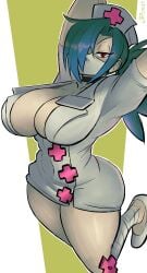 1girls absurdres arms_up blue_hair breasts choker covered_navel female hair_over_one_eye half-closed_eyes hat highres large_breasts leg_wrap looking_at_viewer mask mouth_mask name_tag nurse_cap ponytail red_eyes skullgirls solo surgical_mask thick_thighs thighs valentine_(skullgirls) videajames wide_hips