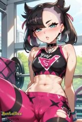 ai_generated asymmetrical_bangs bangs bare_shoulders black_choker black_hair blush breasts cameltoe choker crop_top day earrings female gym hair_ribbon hentaidex hentaidexfuta jewelry looking_at_viewer marnie_(pokemon) midriff navel parted_lips pokemon pokemon_ss pokemon_sv pokemon_sword_&_shield pokemon_swsh red_ribbon ribbon small_breasts solo sports sports_bra sportswear spread spread_legs spreading spreading_legs stomach torn_clothes torn_legwear twintails