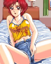 4bpp 90s blush clothed_masturbation clothing d.o. denim_shorts erect_nipples fingering game_cg hoshi_no_suna_monogatari hoshi_no_suna_monogatari_3 masturbation oldschool pc98 shima_(d.o.) short_hair spread_legs tank_top tomboy