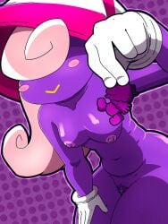 3:4 anthro bigzbl00dgear breasts carrying_another carrying_partner clitoris clothing covered_eyes duo female genitals ghost gloves hair handwear hat headgear headwear hi_res humanoid long_hair male mario mario_(series) micro nintendo paper_mario pink_hair purple_body pussy smile spirit thick_thighs vivian_(mario) vivian_(paper_mario) witch_hat