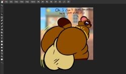 1boy 2024 animal_crossing anthro ass balls ballsack big_balls big_butt blue_eyes body_fur breaking_the_fourth_wall brown_body brown_fur canid canine digital_drawing_(artwork) digital_media_(artwork) drawing_program english_text genitals hi_res huge_balls huge_butt hyper hyper_balls hyper_butt hyper_genitalia looking_back male male_only mammal nintendo notb1rd nude raccoon_dog scrotum simple_background solo tail tanuki testicles text tom_nook