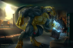 1boy abs angry big black buff dinosaur evil foreskin indoors large_penis male male_focus male_only muscles muscular penis piercing solo t-rex testicles text theropod todex tyrannosaurus_rex uncut yellow