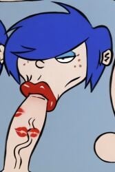 ai_generated big_lips bimbo_lip bimbo_lips blowjob blue_eyeshadow blue_hair dick_sucking_lips ed_edd_n_eddy fellatio freckles kanker_sisters lipstick lipstick_mark lipstick_on_penis lipstick_ring marie_kanker penis_in_mouth red_lips red_lipstick red_lipstick_mark red_lipstick_mark_on_penis short_hair sucking sucking_penis