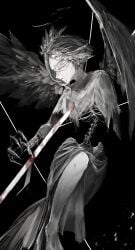 absurdres black_background black_hair blindfold blood blood_on_weapon claws dress exposed_bone feathered_wings female halo highres long_skirt monochrome original qwq22565156 short_hair simple_background skirt solo spine spot_color weapon white_blindfold wings