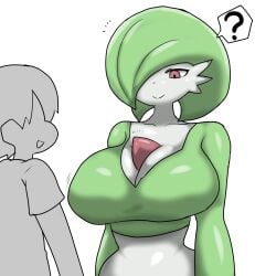 big_breasts breasts enigi09 gardevoir green_hair hair_over_one_eye pokemon pokemon_(species) red_eyes taller_girl