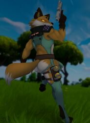 absurd_res after_anal after_sex anthro armor ass athletic athletic_anthro athletic_male bodily_fluids canid canine clothed clothing cum cum_from_ass cum_in_ass cum_inside cum_string dipstick_tail epic_games fennix_(fortnite) fortnite fox genital_fluids gloves gloves_(marking) glowing glowing_eyes gun handwear hi_res looking_at_viewer looking_back male mammal marcofox markings outside pawpads pinup pose ranged_weapon solo tail tail_markings trigger_discipline true_fox unconvincing_armor weapon