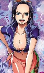 black_hair breasts female female_only igrisgaming3 large_breasts long_hair nico_robin one_piece open_clothes sarong solo sunglasses sunglasses_on_head