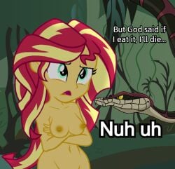 adam_and_eve breasts christianity equestria_girls garden_of_eden genesis hasbro meme my_little_pony nipples nude_female nudity open_mouth public_domain religion serpent snake sunset_shimmer talking text