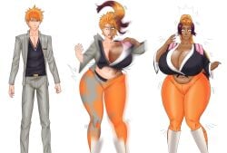 1boy 1girls age_progression ass_expansion bleach breast_expansion dialogue fusion_character gender_transformation hair_growth hi_res highres hourglass_expansion hourglass_figure huge_ass huge_breasts huge_hips ichigo_kurosaki lip_expansion matsumoto_rangiku matsumoto_rangiku mental_transformation mtf_transformation saturnxart sequence shihouin_yoruichi speech_bubble thigh_expansion transformation