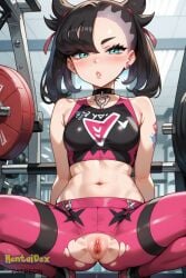 ai_generated asymmetrical_bangs bangs bare_shoulders black_choker black_hair blush breasts cameltoe choker crop_top day earrings female gym hair_ribbon hentaidex hentaidexfuta jewelry looking_at_viewer marnie_(pokemon) midriff navel parted_lips pokemon pokemon_ss pokemon_sv pokemon_sword_&_shield pokemon_swsh pussy pussy_juice pussy_juice_drip red_ribbon ribbon small_breasts solo sports sports_bra sportswear spread spread_legs spreading spreading_legs stomach torn_clothes torn_legwear twintails vagina