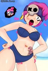 beach bikini bikini_top brawl_stars breasts estilo_fresco girl looking_down penny_(brawl_stars) perspective pirate purple_bikini purple_bra purple_hair