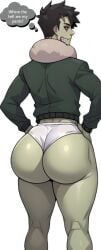 1boy ai_generated ass ass_focus big_ass big_ass_(male) big_butt black_hair black_sclera brian_yu edit femboy femboy_focus femboy_only fur_trim green_jacket huge_ass huge_butt lost_clothes male male_focus male_only monster monster_boy monster_prom no_pants pantsless short_hair thought_bubble tight_underwear underwear white_background white_underwear zombie