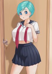 1girl 1girls :o aqua_eyes aqua_hair blue_eyes blue_eyes_female blue_hair blue_hair_female blush breasts bulma bulma_briefs cowboy_shot door dragon_ball dragon_ball_super dragon_ball_z earrings eyelashes female female_focus female_only hi_rontea jewelry large_breasts light-skinned_female light_skin looking_at_viewer milf mother pleated_skirt red_tie sailor_collar school_uniform schoolgirl schoolgirl_uniform serafuku shadow short_hair skirt standing sweat sweatdrop undone_tie wife