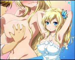 armpits arms_behind_head arms_up blonde_hair blue_eyes blush boku_wa_tomodachi_ga_sukunai breast_sucking breasts butterfly_hair_ornament cute_fang female hair_ornament hairu hasegawa_kodaka human large_breasts long_hair mound_of_venus navel pointy_chin sena_kashiwazaki sideboob