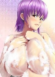 ayane_(doa) blush breasts dead_or_alive embarrassed female huge_breasts looking_at_viewer minpei_ichigo nipples purple_hair red_eyes short_hair soap