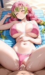 1girls ai_generated beach big_breasts bikini braided_hair breasts_bigger_than_head closed_eyes cum_in_pussy curvaceous curvy_female curvy_figure demon_slayer female_focus female_only half-dressed highres hourglass_figure kanroji_mitsuri kimetsu_no_yaiba large_breasts missionary_position mole_under_eye nipples_visible_through_clothing no_penetration pink_and_green_hair questionable_consent rape relaxing sand sexual_assault sexual_harassment shiny_skin solo solo_focus spread_legs sweetsavour two_tone_hair vaginal_penetration vaginal_sex wet_pussy