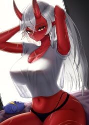 adjusting_hair akumi arms_behind_head arms_up black_panties blush bra breasts cleavage closed_mouth crop_top demon_girl female hair_between_eyes highleg_panties horns huge_breasts large_breasts lingerie long_hair looking_at_viewer mole navel oni oni_horns panties pointy_ears red_oni red_skin see-through shirt short_sleeves silver_hair sitting skin-covered_horns smile solo thighs underwear vyugen white_shirt yellow_eyes